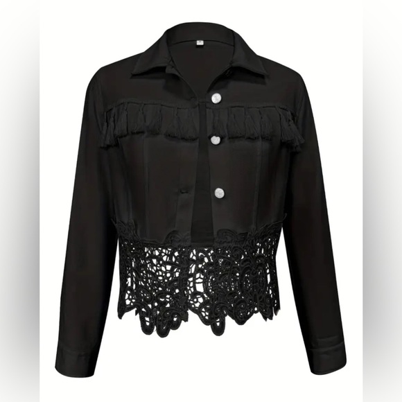 BLACK Denim Button Up Collared Jacket with Tassels and Lace Trim Size X-Large - Picture 3 of 8